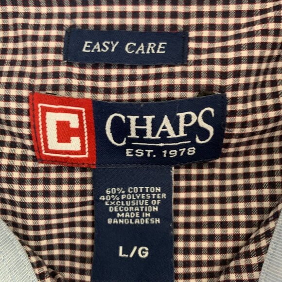 Chaps Button Down Short Sleeve Shirt L Blue Checkered Easy Care Pocket Cotton - Picture 6 of 6